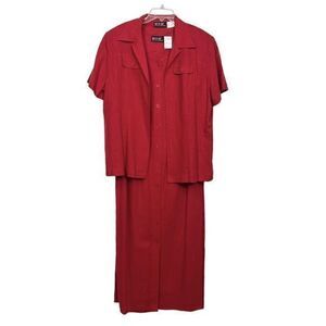 Melissa Harper Vintage Linen Blend Maxi Dress Set Women Size 14 Red Short Sleeve